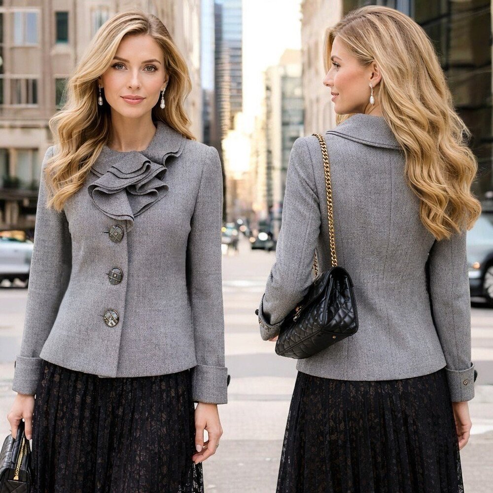 ZORI Collection Layered Ruffled Neckline Tailored Single Breasted Gray Coat Sz 8